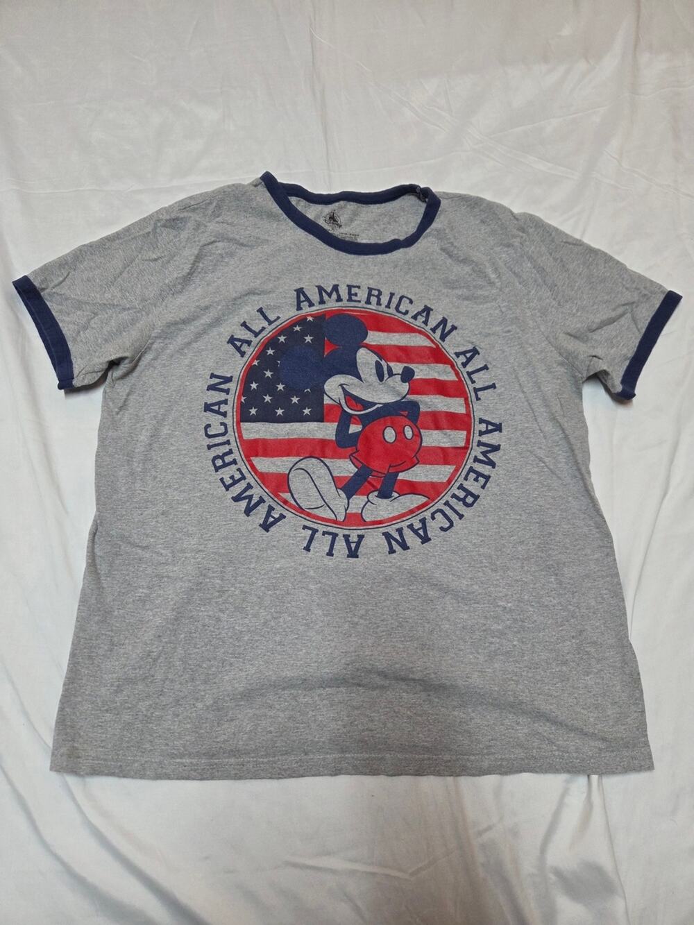 Disney Gray All American Mickey Graphic Ringer Tee with Navy Trim